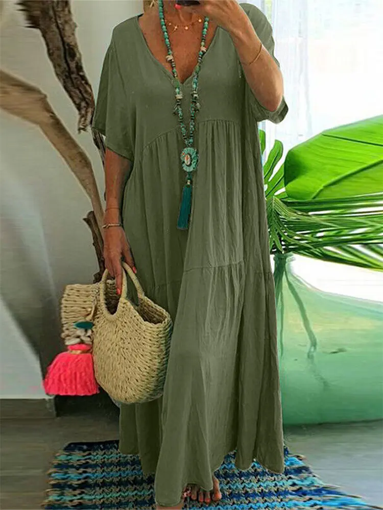 plus Size Women's Casual Loose V-Neck Solid Long Dress Spring Summer Pleated Big Size Women's Dress