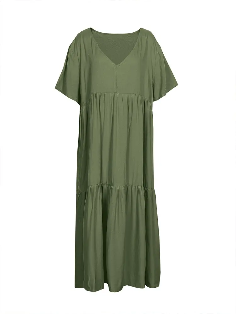 plus Size Women's Casual Loose V-Neck Solid Long Dress Spring Summer Pleated Big Size Women's Dress
