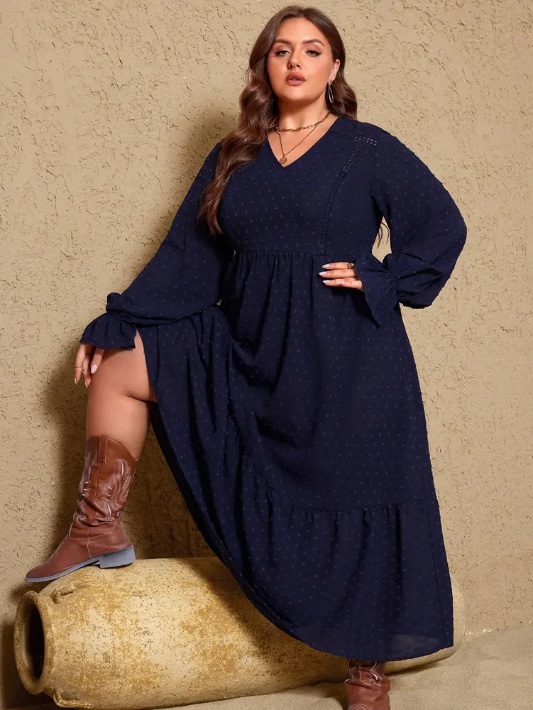 plus Size Women's Pullover V-Neck Long Sleeve Dress Autumn 2025 Printed Loose Casual Fashion Best Choice for Autumn