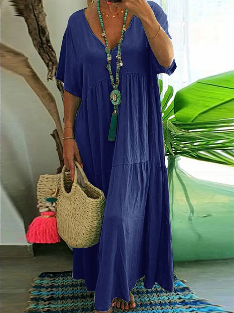 plus Size Women's Casual Loose V-Neck Solid Long Dress Spring Summer Pleated Big Size Women's Dress