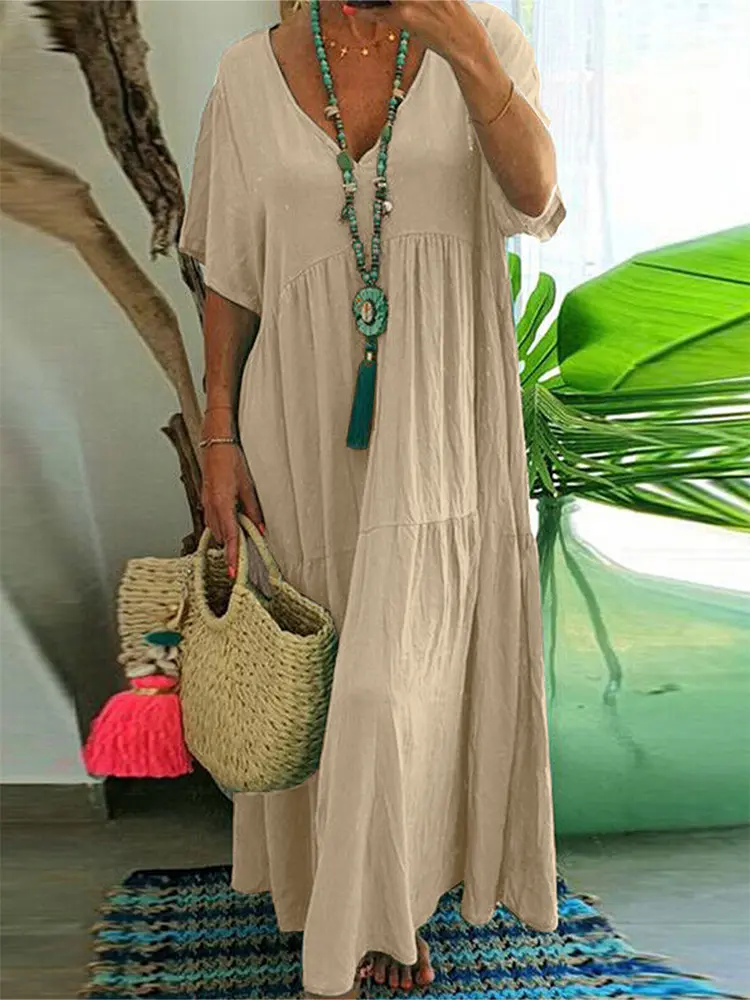 plus Size Women's Casual Loose V-Neck Solid Long Dress Spring Summer Pleated Big Size Women's Dress