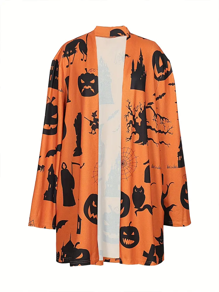 plus Size Women's Halloween Costume Pumpkin Graphic Cardigan Pullover Open Front Button Sweater Outerwear for Autumn