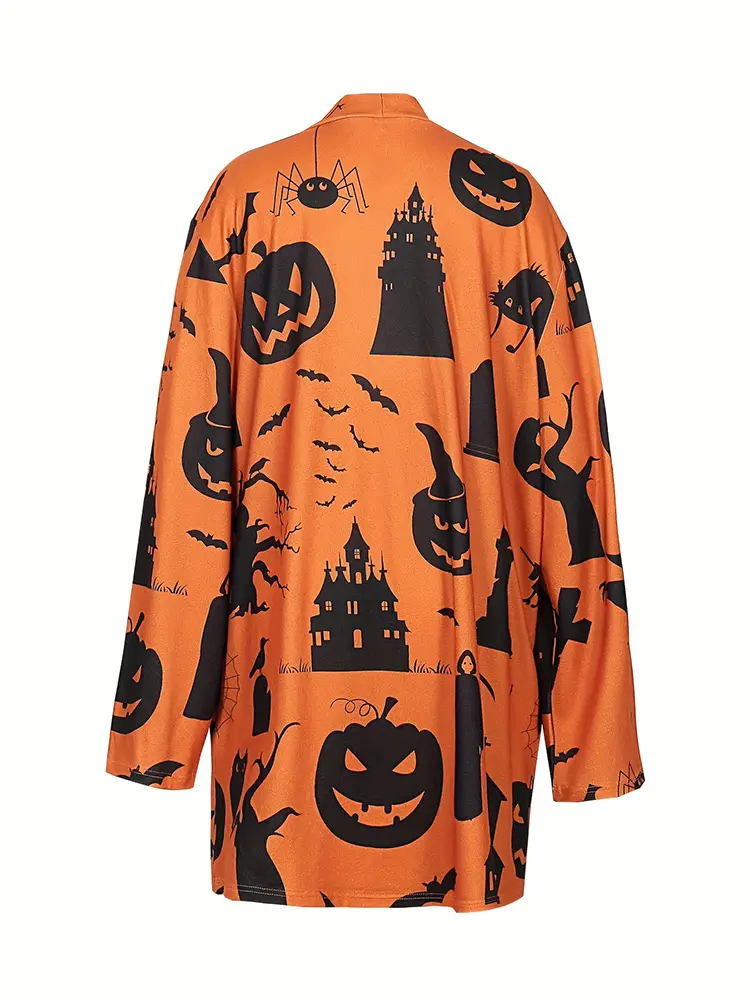 plus Size Women's Halloween Costume Pumpkin Graphic Cardigan Pullover Open Front Button Sweater Outerwear for Autumn
