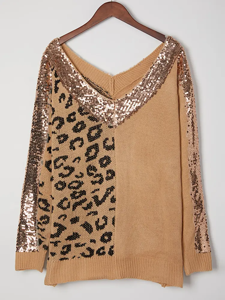 Women's V Neck Sequin Stitching Leopard Print Pullover Long Sleeve Casual Sweater Temperament Top