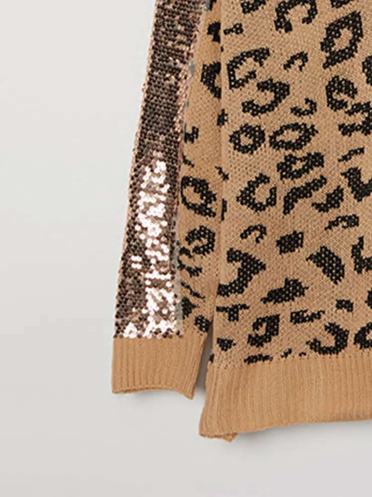 Women's V Neck Sequin Stitching Leopard Print Pullover Long Sleeve Casual Sweater Temperament Top