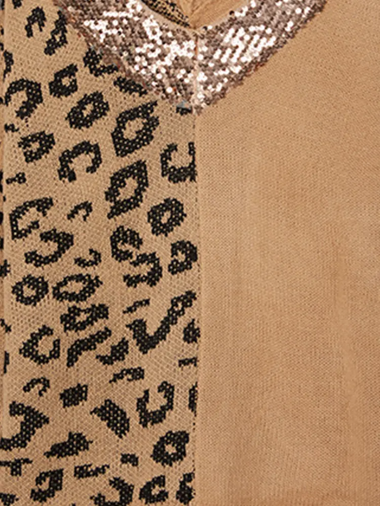 Women's V Neck Sequin Stitching Leopard Print Pullover Long Sleeve Casual Sweater Temperament Top
