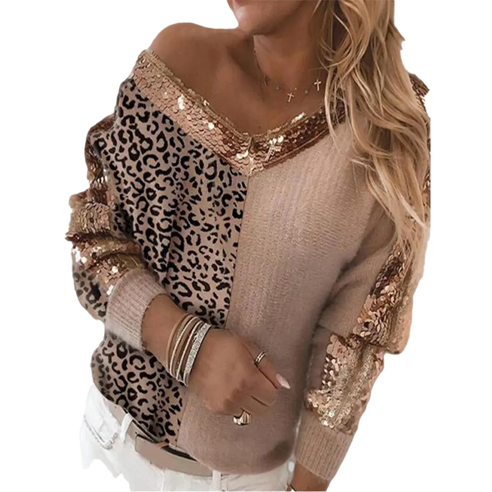 Women's V Neck Sequin Stitching Leopard Print Pullover Long Sleeve Casual Sweater Temperament Top