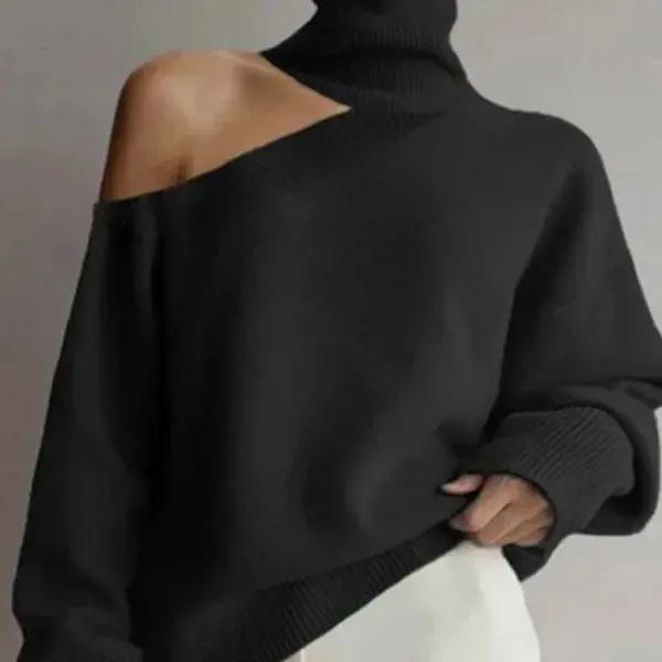 2025 Autumn and Winter New Women's Single shoulder sleeve turtleneck pullover sweater Solid color Fashion Street Elegant Autumn