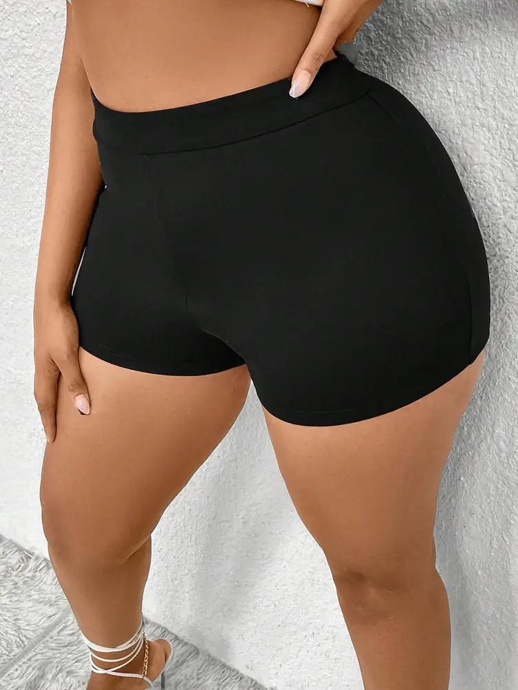 Plus Size Women's Plus Size Pleated Front Hollow Shorts High Waisted Asymmetric Mini Shorts Solid Colour