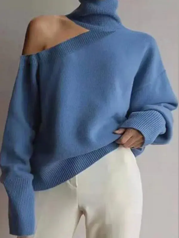 2025 Autumn and Winter New Women's Single shoulder sleeve turtleneck pullover sweater Solid color Fashion Street Elegant Autumn