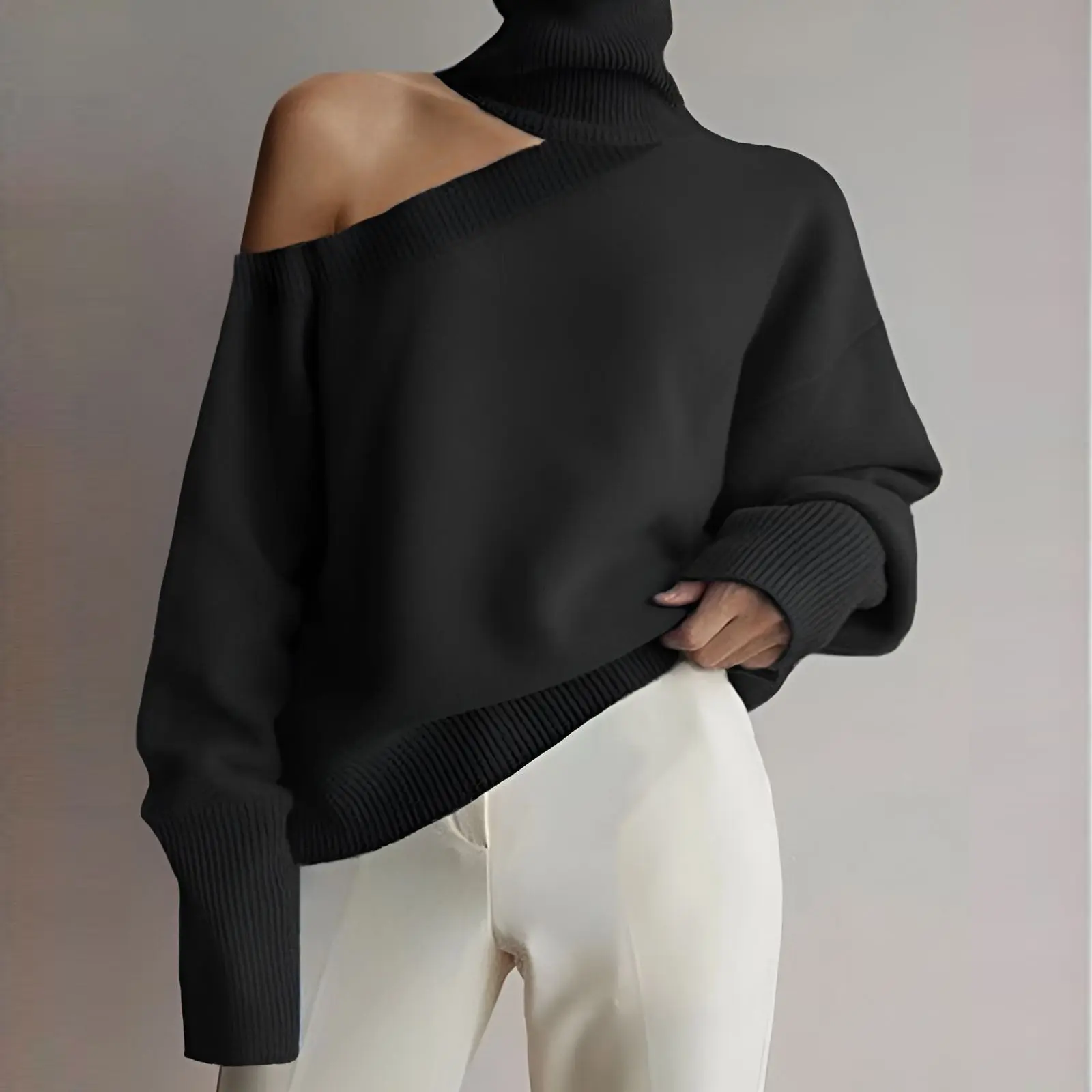 2025 Autumn and Winter New Women's Single shoulder sleeve turtleneck pullover sweater Solid color Fashion Street Elegant Autumn