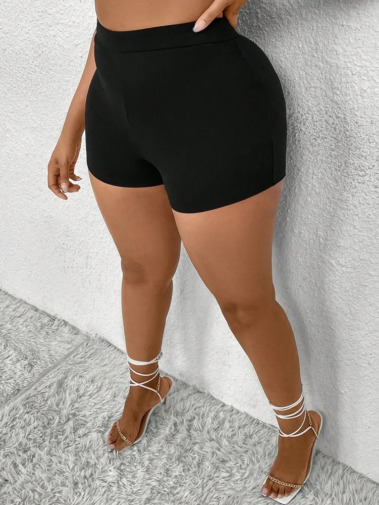 Plus Size Women's Plus Size Pleated Front Hollow Shorts High Waisted Asymmetric Mini Shorts Solid Colour