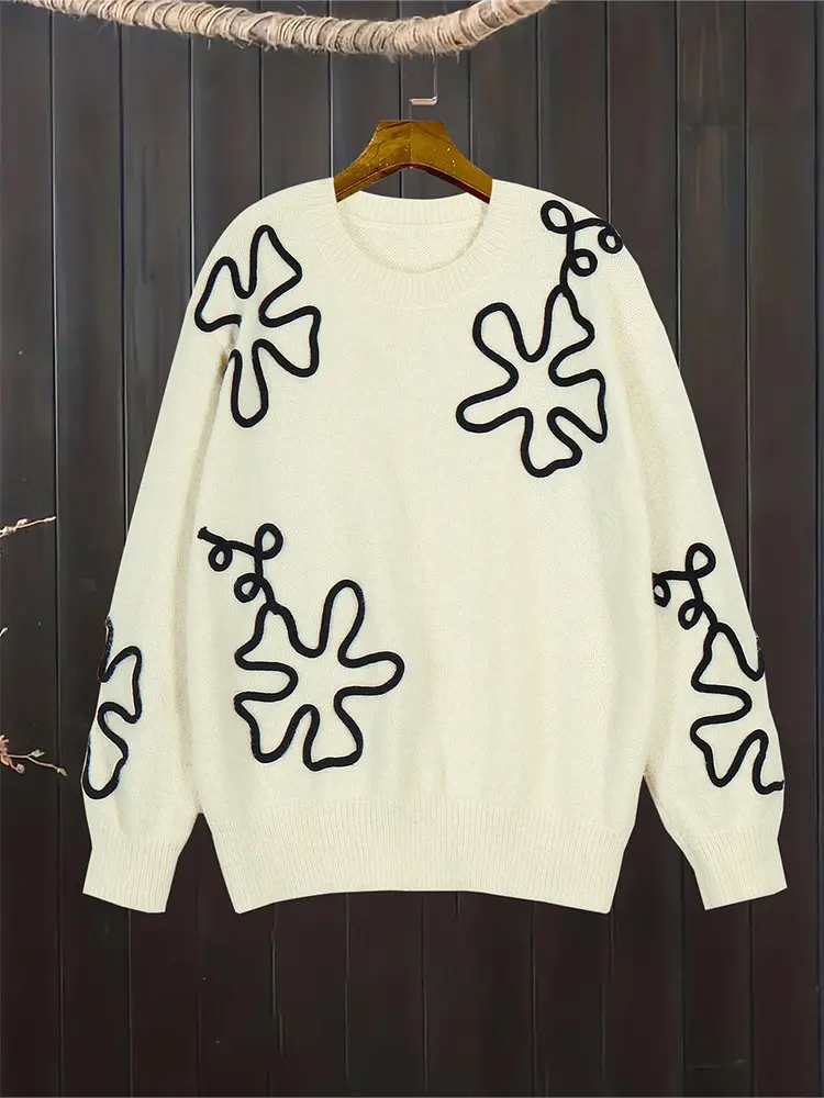 Women's Flower Print Color Block round Neck Casual Sweater Long Sleeve Autumn Winter Top 2024 New Arrival