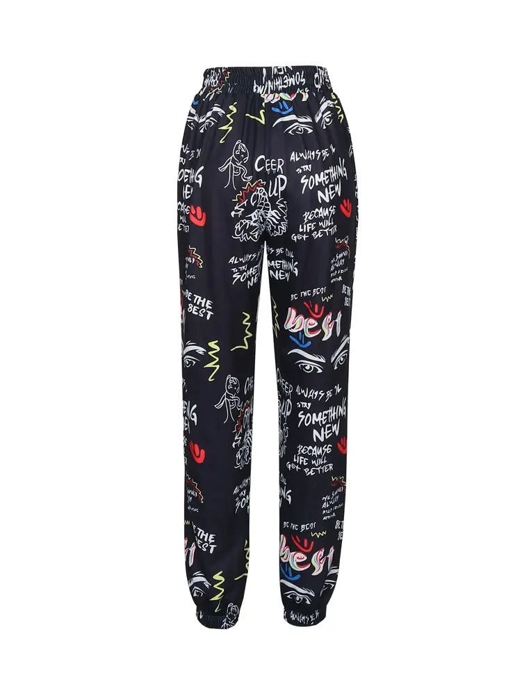 Women's Elastic Waist Slogan Printed Sweatpants Sports Casual Polyester Material Elasticated Waist Trousers
