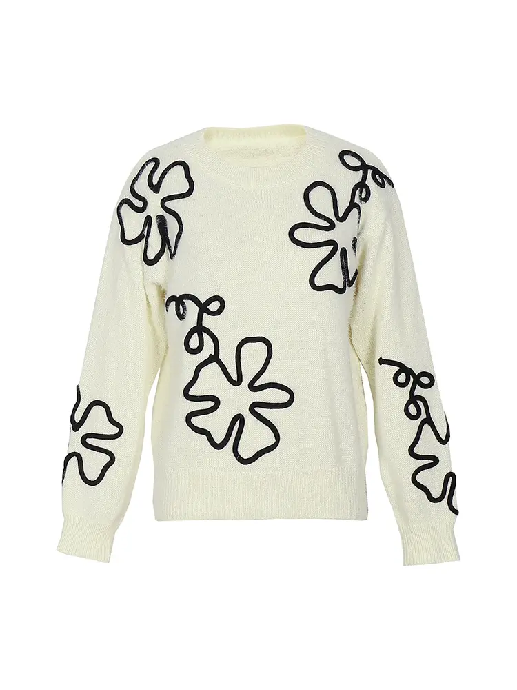 Women's Flower Print Color Block round Neck Casual Sweater Long Sleeve Autumn Winter Top 2024 New Arrival