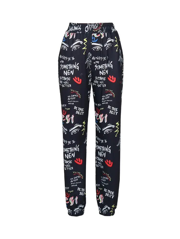 Women's Elastic Waist Slogan Printed Sweatpants Sports Casual Polyester Material Elasticated Waist Trousers