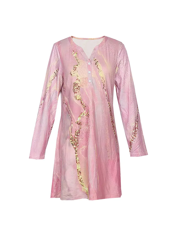 Women's 2025 Summer New Women's Basic Dresses V-Neck Buttoned Pullover Rhinestone Pink Dress Office Outdoor Wear