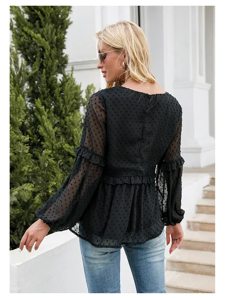 Spring Summer New Women's Black Lace Collar Maternity Shirt Sheer Long Sleeve Drawstring Design for Expectant Mothers