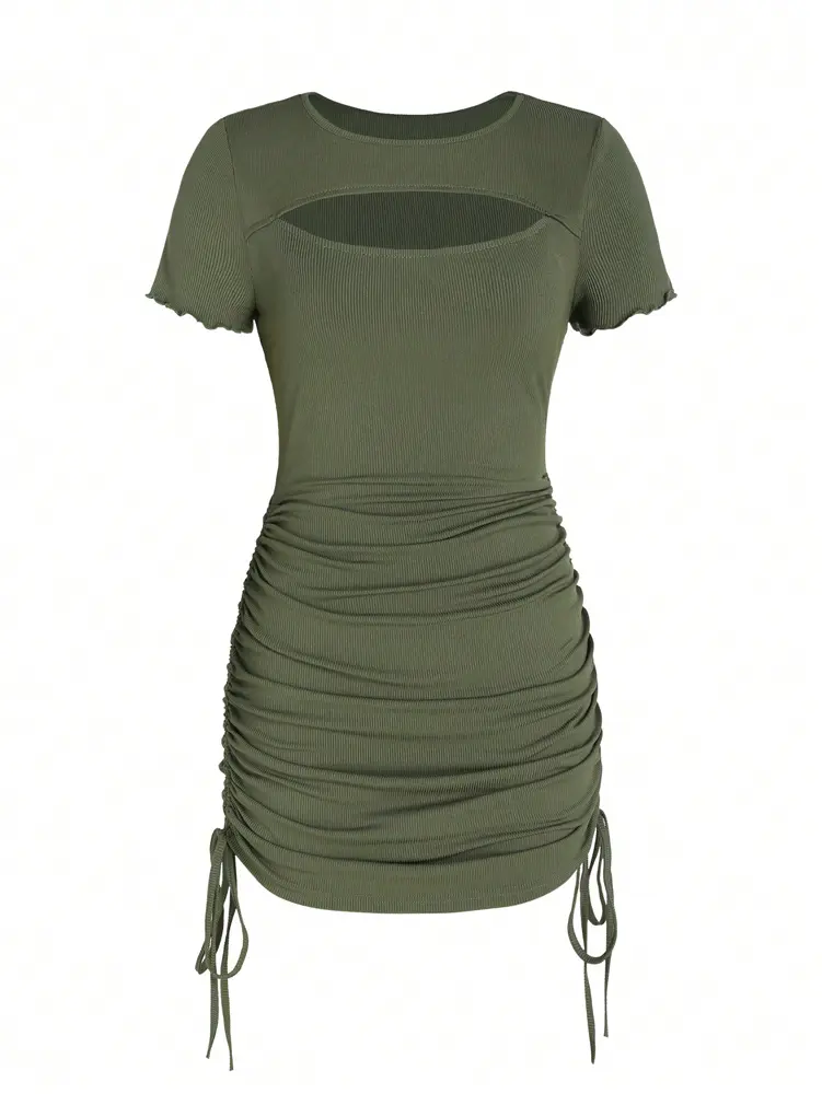 2025 Solid Color One-Piece Dress with Side Drawstring Pleats Chest Slit Slim Fit Polyester Material for Women