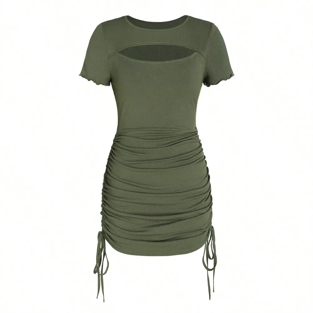 2025 Solid Color One-Piece Dress with Side Drawstring Pleats Chest Slit Slim Fit Polyester Material for Women