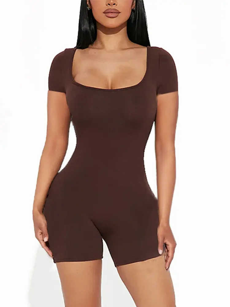 2025 Summer New Women's Sexy Solid Color Short Sleeve U Neck Jumpsuit Short Jumpsuit Yoga Fitness One Piece Polyester