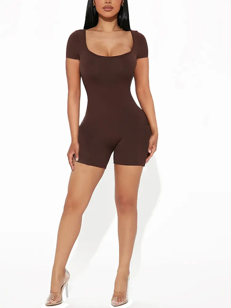 2025 Summer New Women's Sexy Solid Color Short Sleeve U Neck Jumpsuit Short Jumpsuit Yoga Fitness One Piece Polyester