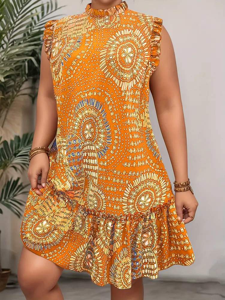 Plus Size 2025 Summer New Women's Elegant Slim Fit Short Sleeve Dress - Black gold and red paisley print ruched hem Round Neck