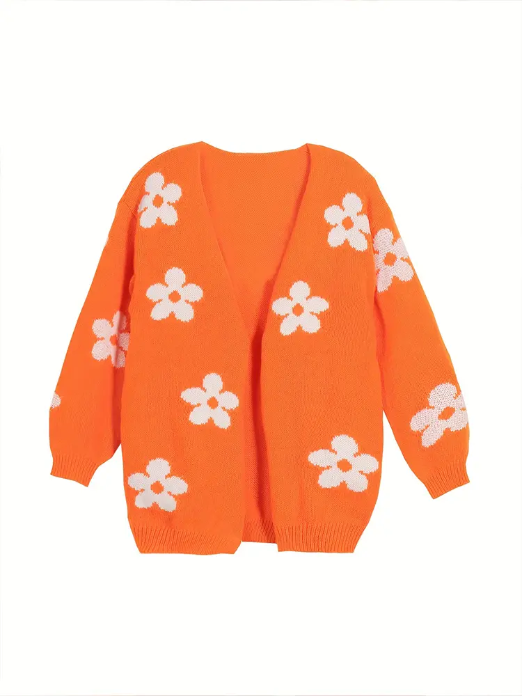Women's Orange Floral Pattern Pullover Cardigan Drop Shoulder Basic Top 2024 Style for Autumn And Winter