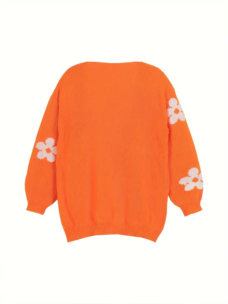 Women's Orange Floral Pattern Pullover Cardigan Drop Shoulder Basic Top 2024 Style for Autumn And Winter