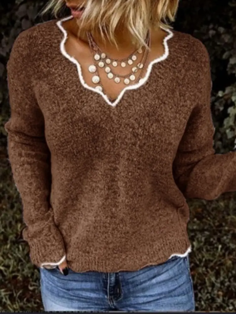 Women's Solid Color V-Neck Long Sleeve Pullover Sweater Autumn Winter New Casual Loose Comfortable Fashion