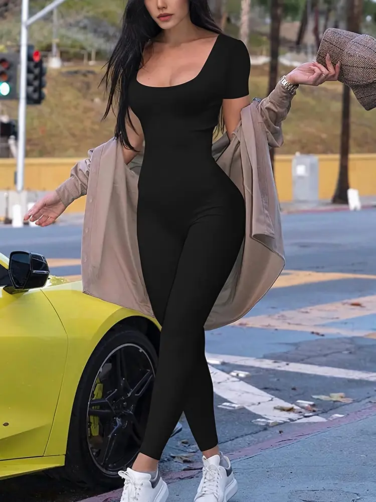 2025 Spring and Summer New Women's One-piece Short Sleeve Solid Color Sexy Slim One-piece Fashion Activity Street One-piece Suit