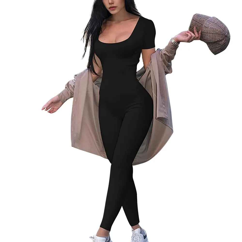 2025 Spring and Summer New Women's One-piece Short Sleeve Solid Color Sexy Slim One-piece Fashion Activity Street One-piece Suit