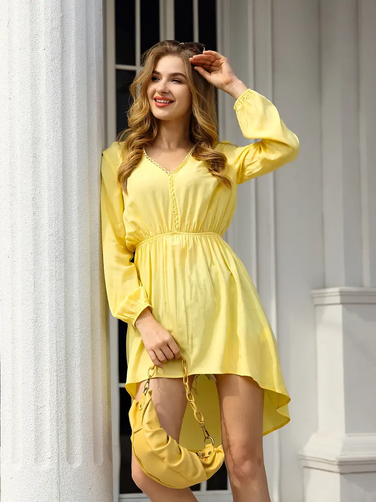 Women's V-Neck Long Sleeve Dress Casual High Waist Cute Loose A-Line Mini Swing Dress Flowy Comfortable Fit