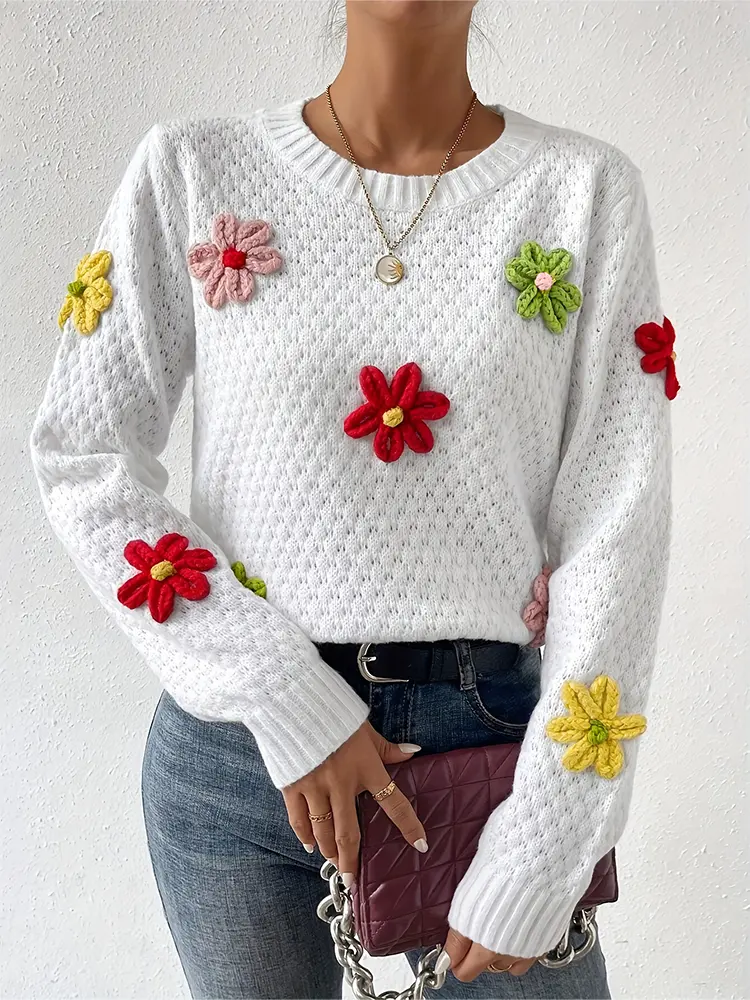 Women's Long Sleeve Flower Prickle White Sweater 2025 Autumn Winter Collection Comfortable Fashionable Top for Autumn Winter
