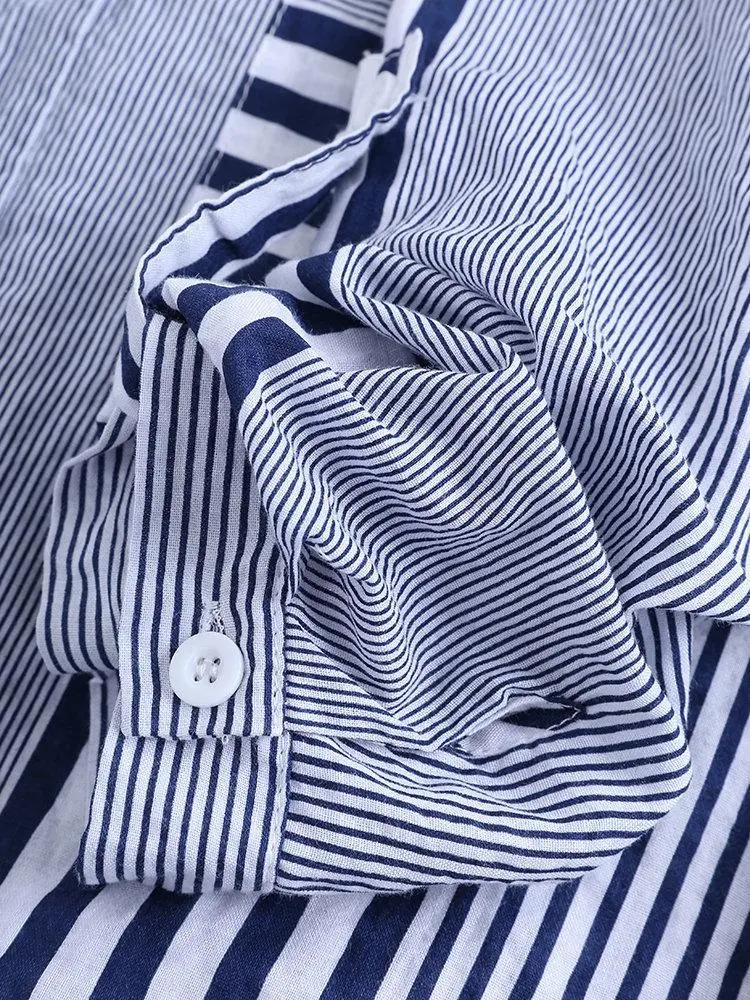 Women's Spring Fall Cotton Linen Long Sleeves Roll Up Striped Casual V Neck Button Down Shirts Blouses Collar Tunic Tops