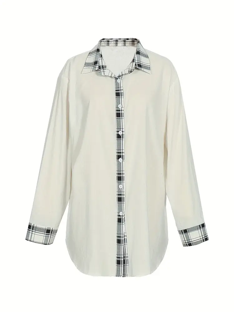 Plus Size 2025 Spring And Summer New Women's High Slit Plaid Hit Colour Casual Long Shirt Women's Button Down Shirt