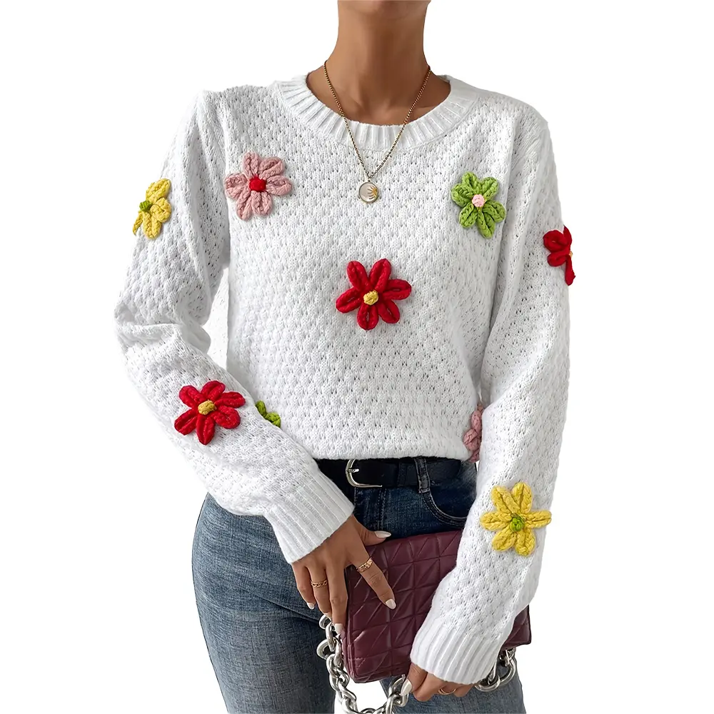 Women's Long Sleeve Flower Prickle White Sweater 2025 Autumn Winter Collection Comfortable Fashionable Top for Autumn Winter