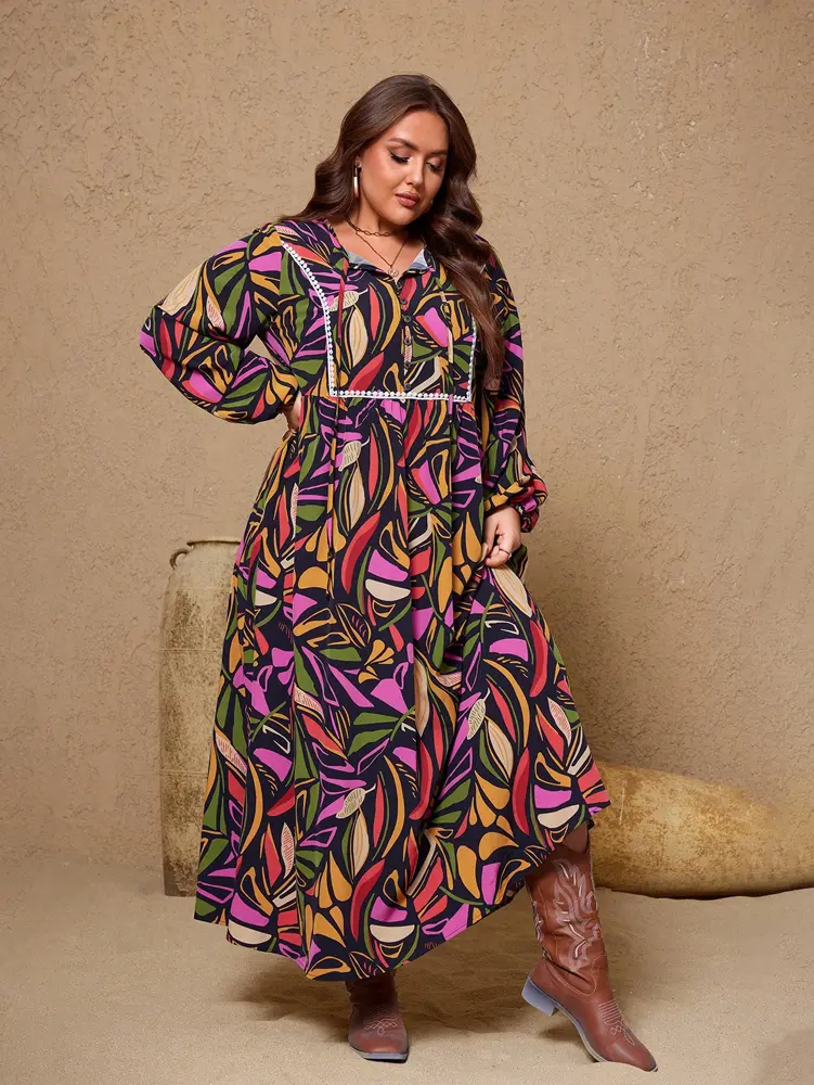 Plus Size 2025 Summer New Women Digital Printing Fashion Casual Dress Long Women Polyester Material Front Buttons