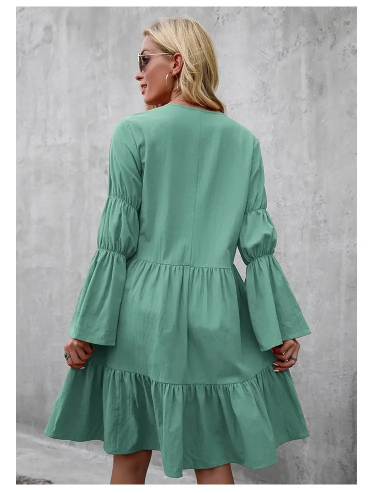 Women's V Neck Long Sleeve Casual Dress Loose Flowing Ruffle Doll Cotton T-Shirt Dress Elegant Fashionable Maxi Dress