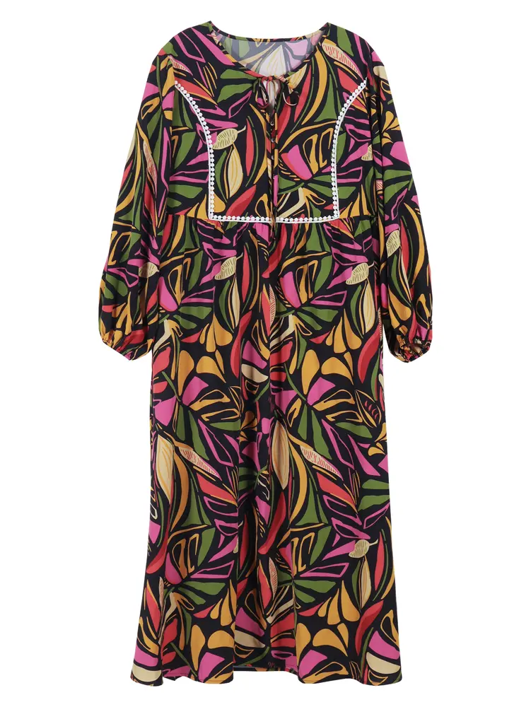 Plus Size 2025 Summer New Women Digital Printing Fashion Casual Dress Long Women Polyester Material Front Buttons