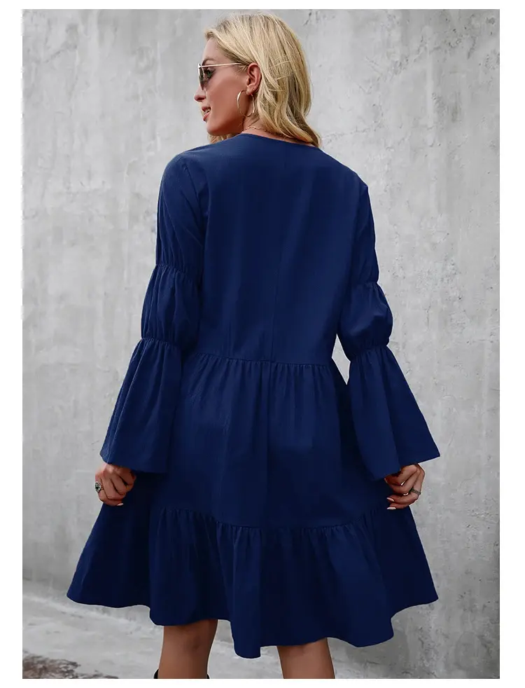 Women's V Neck Long Sleeve Casual Dress Loose Flowing Ruffle Doll Cotton T-Shirt Dress Elegant Fashionable Maxi Dress