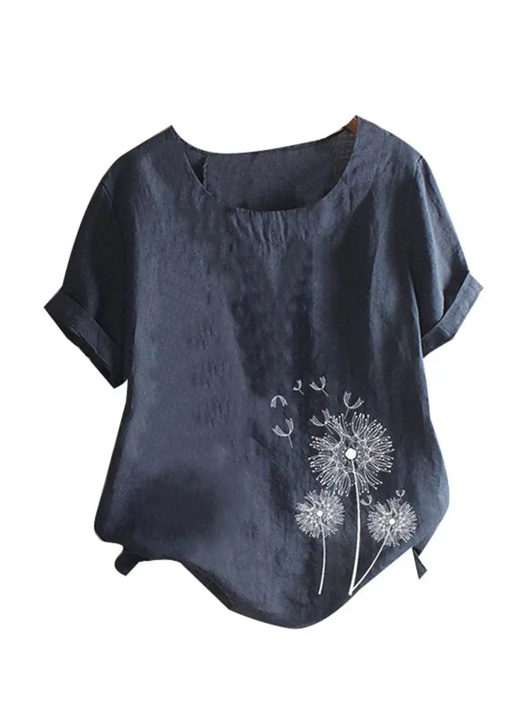 Linen Women's Tops Fashion Floral Printed Cotton Yarn Shirt Fashion Button Design Shirt Sleeve T Shirts