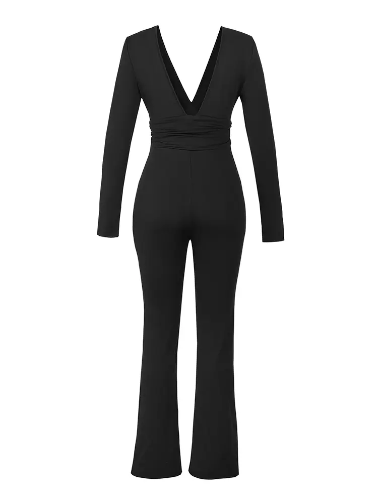 Black Pleated Big Flare Jumpsuit Long Sleeve V Neck Skinny Jumpsuit Pants Women Sexy Slim Backless Long Sleeve Trousers