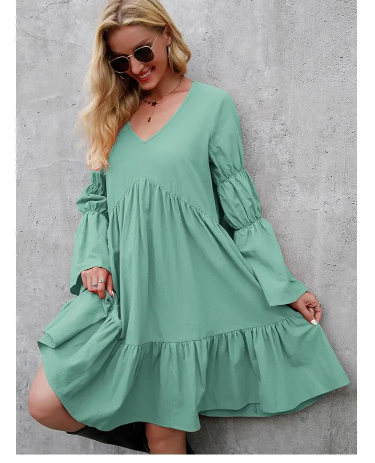Women's V Neck Long Sleeve Casual Dress Loose Flowing Ruffle Doll Cotton T-Shirt Dress Elegant Fashionable Maxi Dress