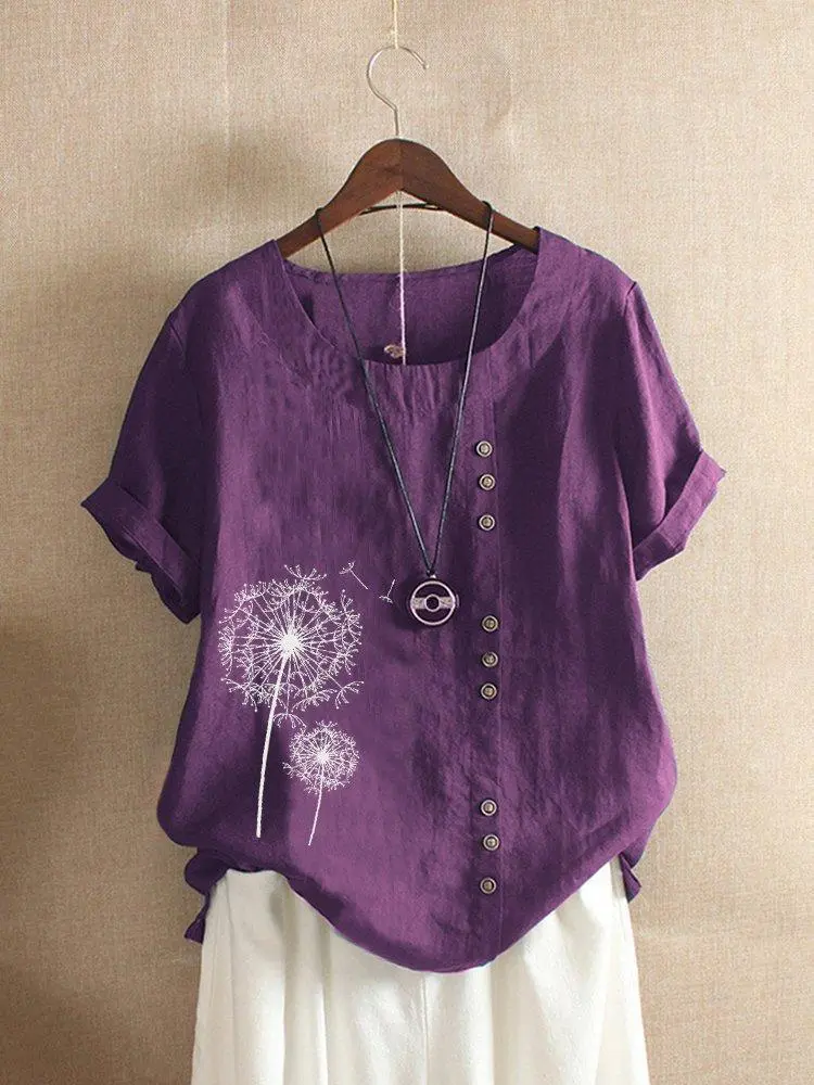 Linen Women's Tops Fashion Floral Printed Cotton Yarn Shirt Fashion Button Design Shirt Sleeve T Shirts