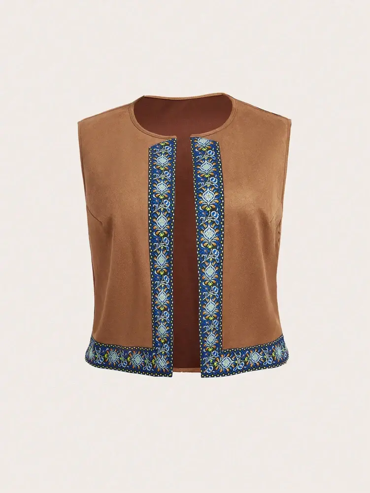 Plus Size Women's Round Neck Sleeveless Embroidered Casual Fashion Jacket Cardigan Sleeveless Embroidered Printed Side