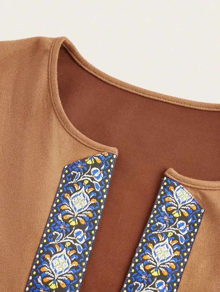 Plus Size Women's Round Neck Sleeveless Embroidered Casual Fashion Jacket Cardigan Sleeveless Embroidered Printed Side