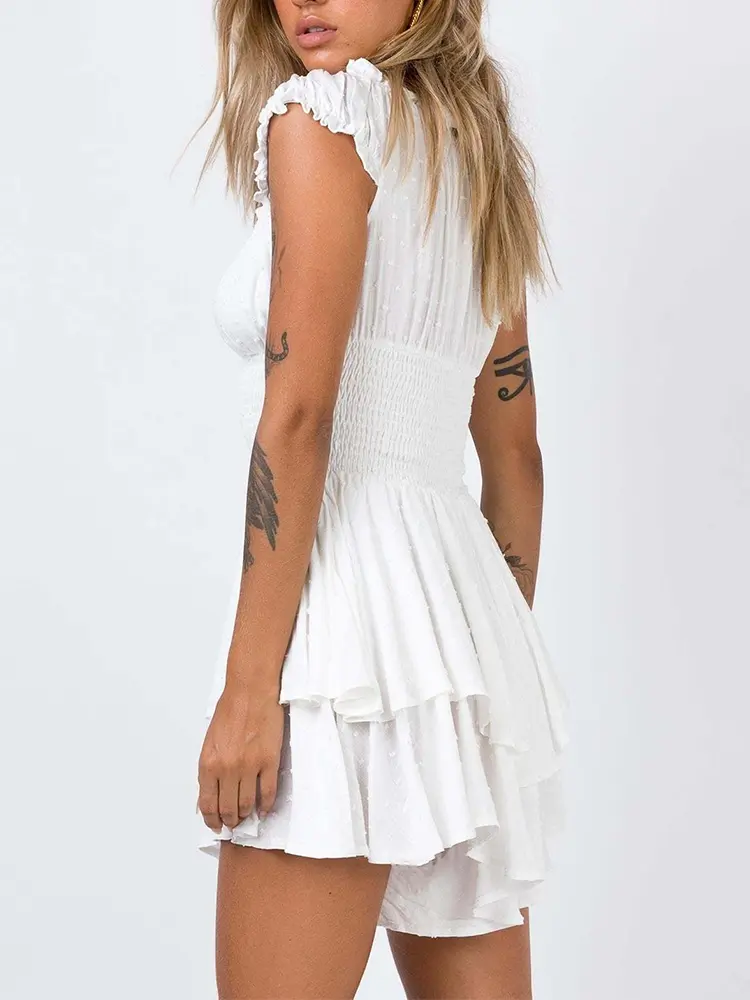 Summer Sexy Mini Dress Women Short Sleeve One Shoulder Wrap Slim Pure Color One-Piece Waist Hottie 2025
