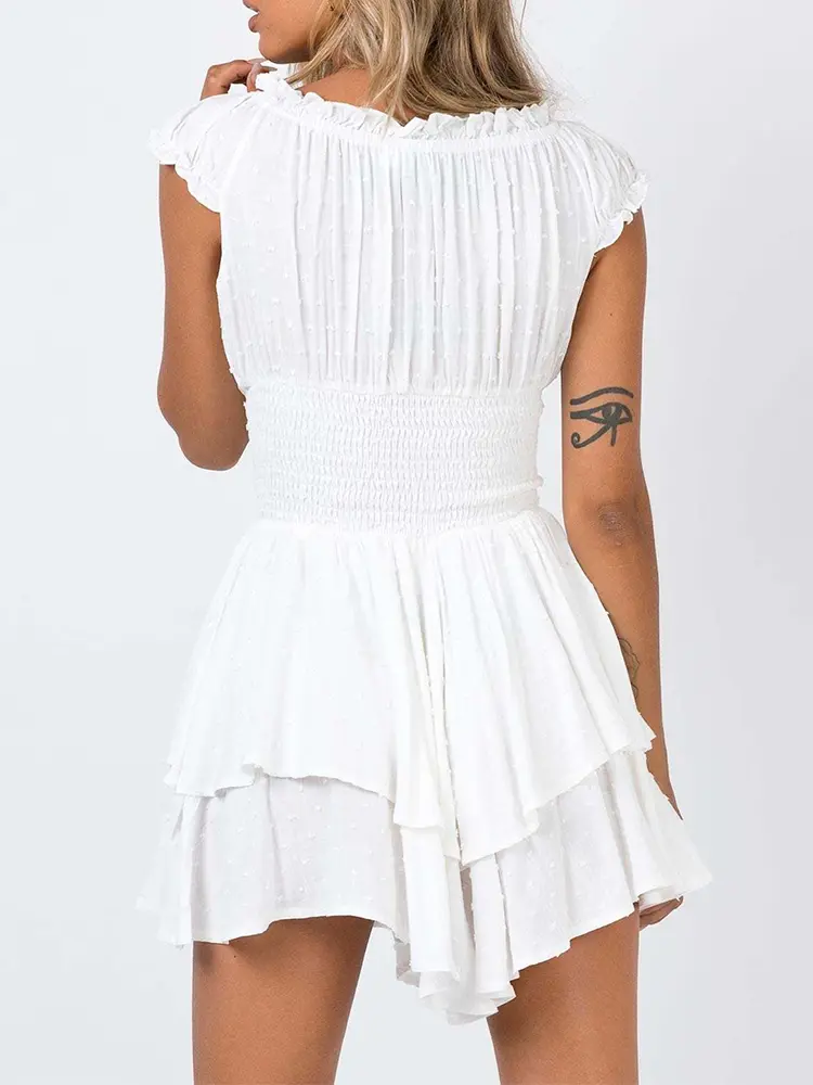 Summer Sexy Mini Dress Women Short Sleeve One Shoulder Wrap Slim Pure Color One-Piece Waist Hottie 2025