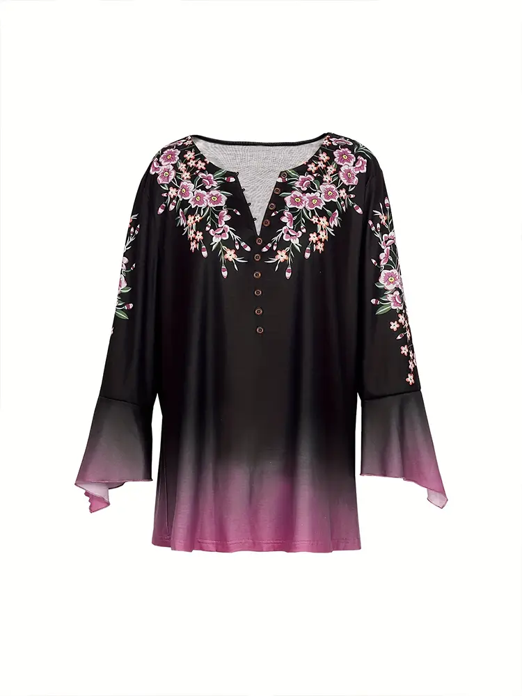 2024 Autumn New Women's V Neck Button Printed Pattern T Shirt Long Sleeve Temperament Elegant Tops Best Autumn